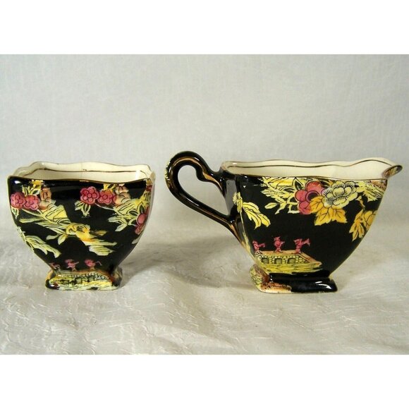 Royal Winton Grimwades Black Pekin Bone China Creamer Sugar Set Vintage 1950s - Picture 5 of 10